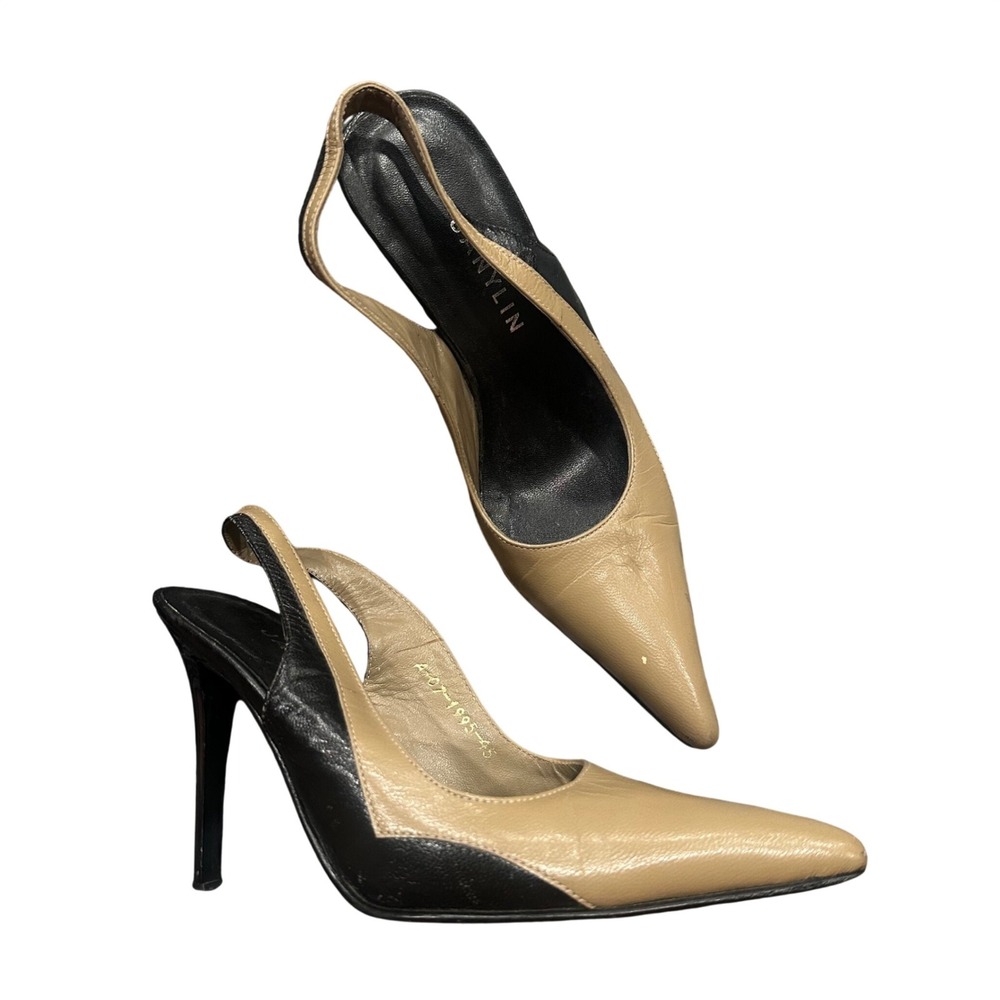 JANYLIN Two Tone Tan Black Leather Pointed Toe Slingback Stiletto Heels Size 4.5